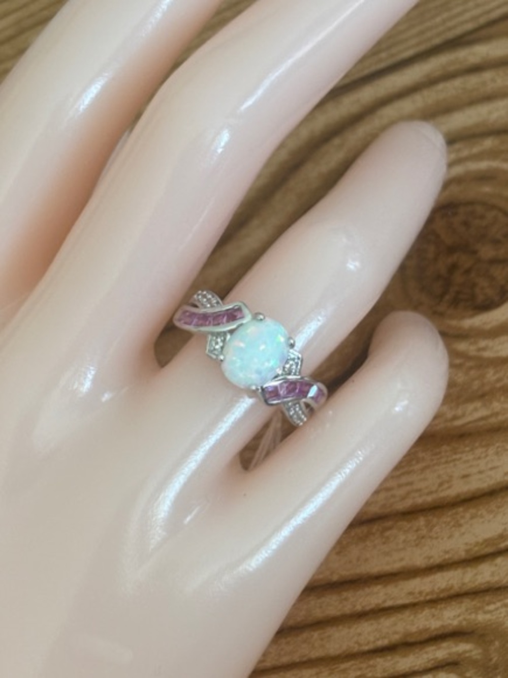 Genuine Lab Created Opal & Pink White Sapphire Ring Sterling Silver Size 7 - Picture 11 of 11